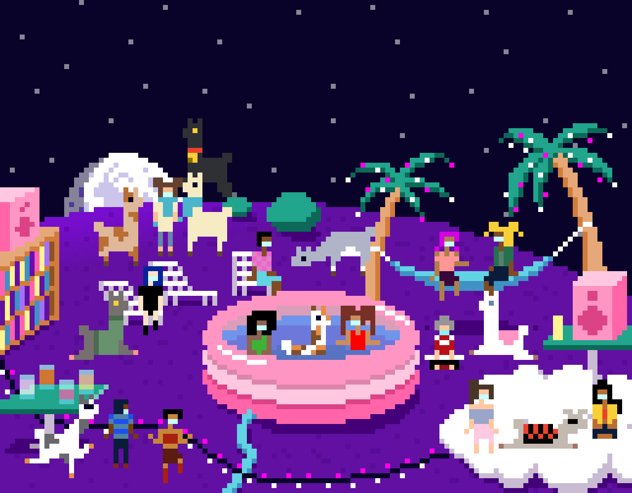 An animated work of pixel art sits inside an ornate photorealistic frame. The animation is a night scene of a purple grassy knoll set before a large moon on the horizon, with stars twinkling above. On the knoll are various relaxing party elements — stereo speakers on a bookshelf and table, people petting llamas, two people and a llama floating in a large pink kiddie pool, people and llamas dancing by the drinks table, two people chatting on a bright aqua hammock, a grandma sitting with a llama, and two people petting a snoozing llama on a fluffy cloud sofa.